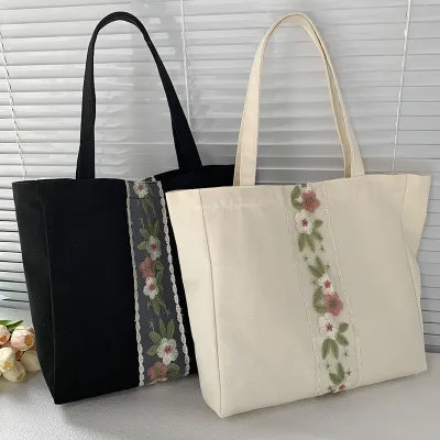 Women Fashion Floral Embroidered Large Capacity Canvas Tote Bag