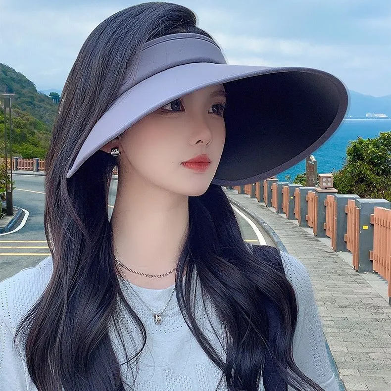 Women Simple Double-Sided Ice Silk Large Brim Empty Top Sun Hat for Sun Protection