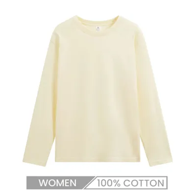 Women's 220gsm Heavyweight Long Sleeve Crew Neck Solid Color Cotton T-Shirt