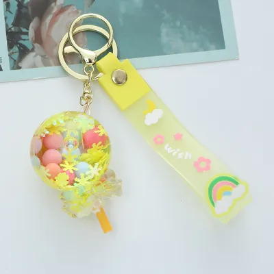 Women Fashion Creative Acrylic Cherry Blossom Quicksand Drift Bottle Lollipop Key Chain Pendant