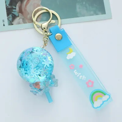 Women Fashion Creative Acrylic Cherry Blossom Quicksand Drift Bottle Lollipop Key Chain Pendant