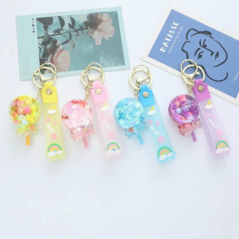 Women Fashion Creative Acrylic Cherry Blossom Quicksand Drift Bottle Lollipop Key Chain Pendant