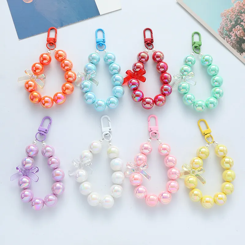 Women Fashion Candy Color Bow Beaded Acrylic Keychain Pendant