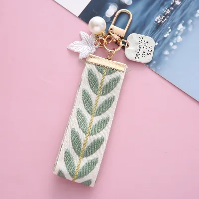 Women Fashion Leaf Stripe Ribbon Pearl Keychain Pendant