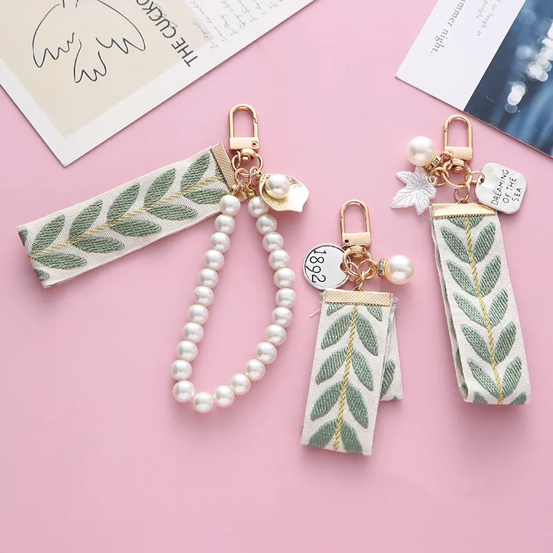 Women Fashion Leaf Stripe Ribbon Pearl Keychain Pendant