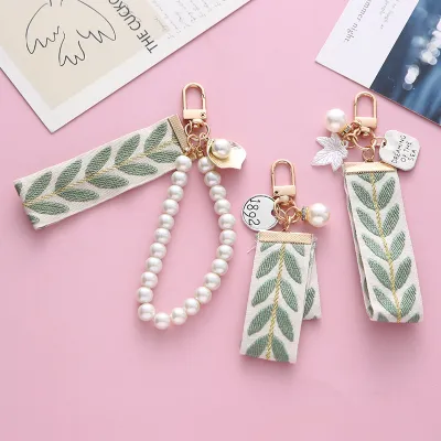 Women Fashion Leaf Stripe Ribbon Pearl Keychain Pendant