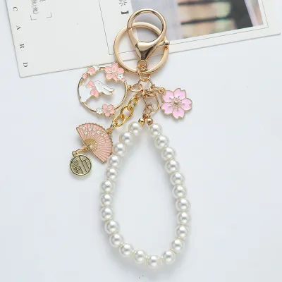 Women Fashion Small Fresh Ribbon Pearl Cherry Blossom Rabbit Folding Fan Keychain Pendant