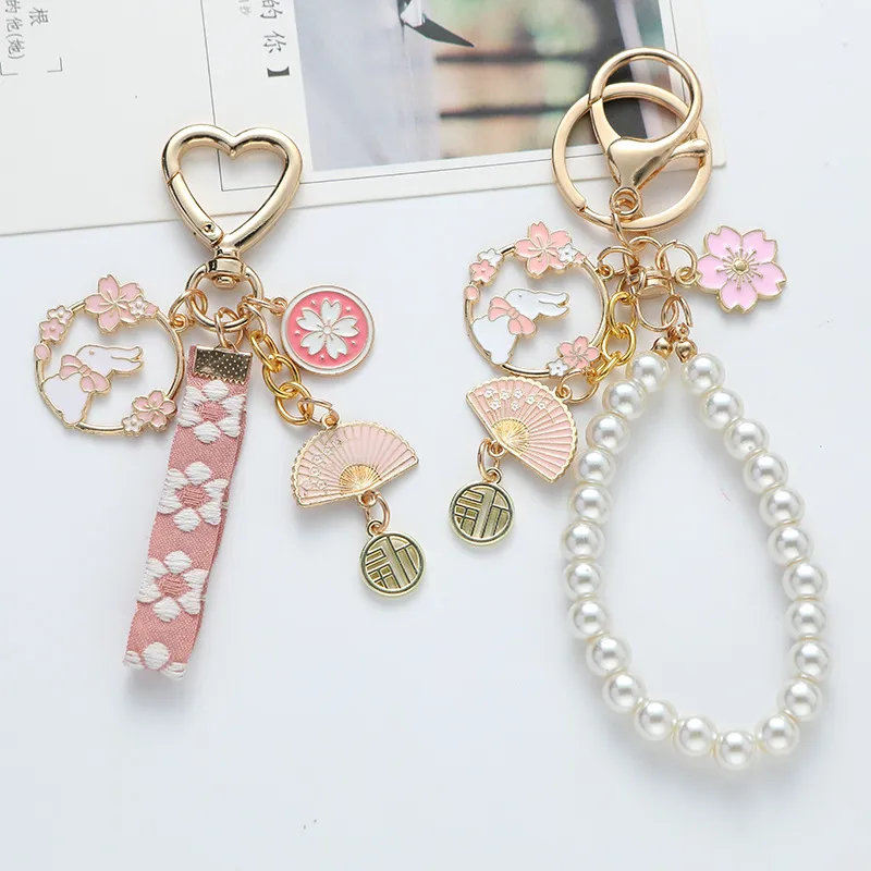 Women Fashion Small Fresh Ribbon Pearl Cherry Blossom Rabbit Folding Fan Keychain Pendant