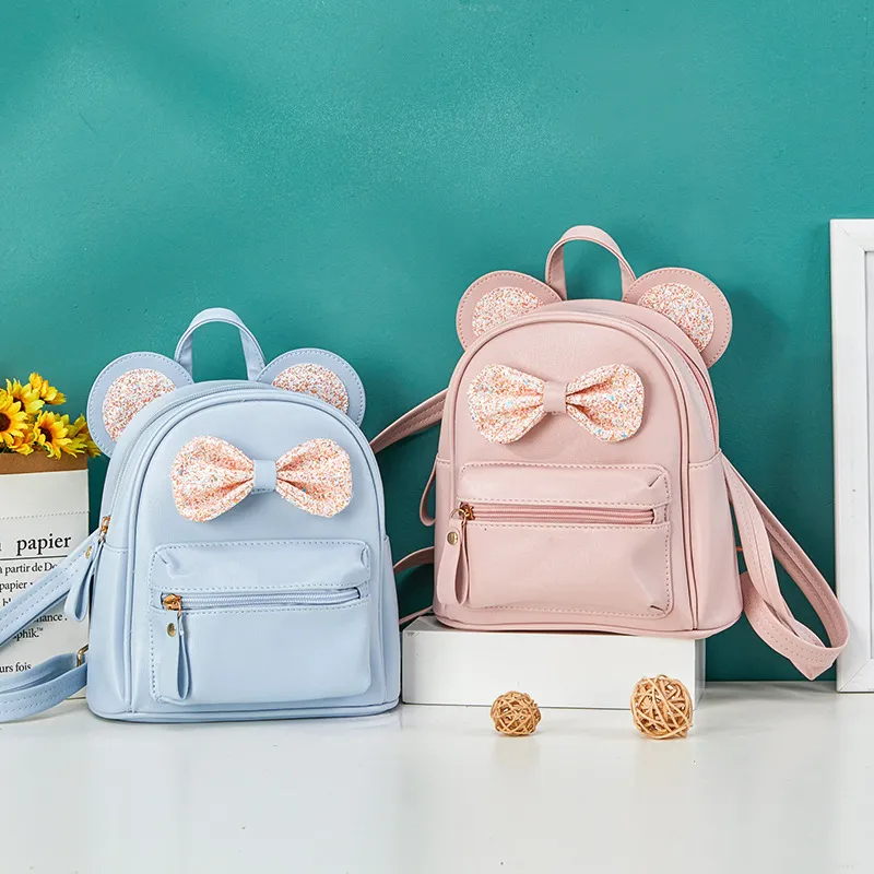 Kids Girls Fashion Cute Bow Sequins Pu Leather Backpack