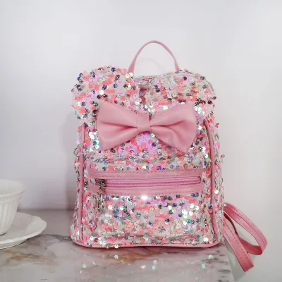 Girls Fashion Cute Bow Sequins Backpack Kids Bags PU Leather