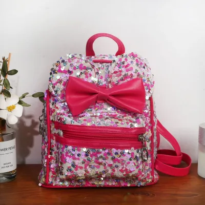 Girls Fashion Cute Bow Sequins Backpack Kids Bags PU Leather