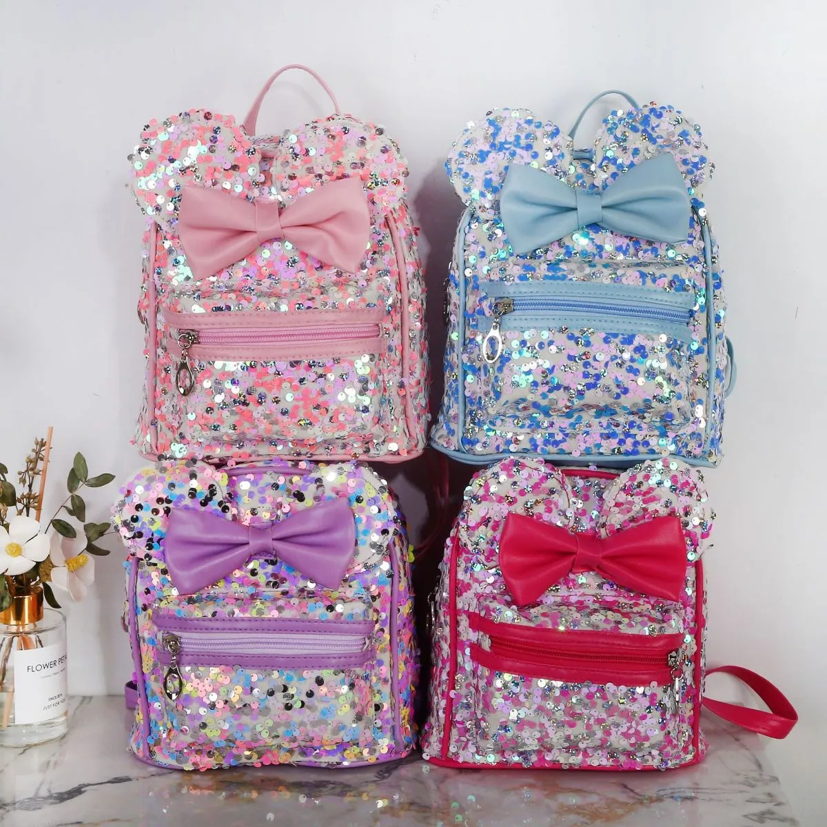 Girls Fashion Cute Bow Sequins Backpack Kids Bags PU Leather