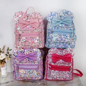 Girls Fashion Cute Bow Sequins Backpack Kids Bags PU Leather