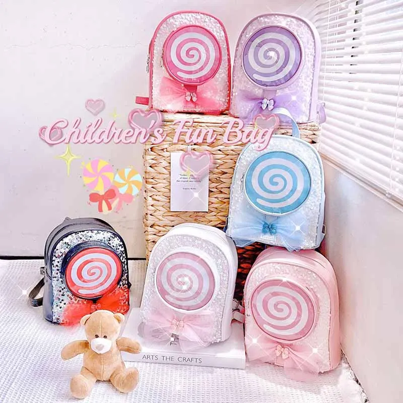 Kids Girls Cute Sweet Sequins Bow Lollipop Backpack PU