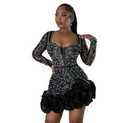 Women Sexy Rhinestone Long Sleeve Irregular Party Dress