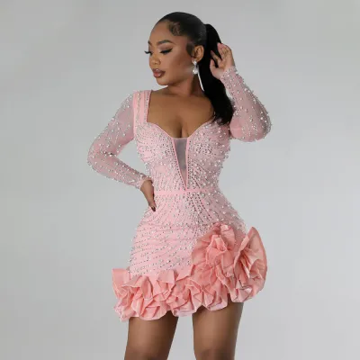 Women Sexy Rhinestone Long Sleeve Irregular Party Dress