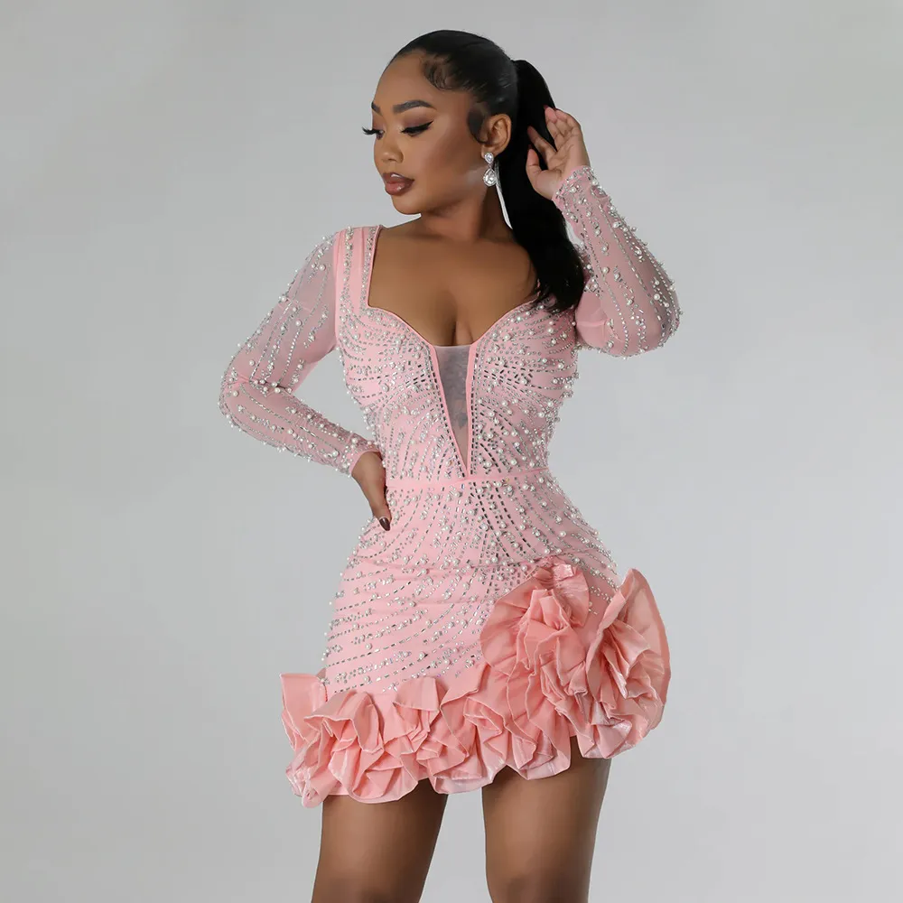 Women Sexy Rhinestone Long Sleeve Irregular Party Dress