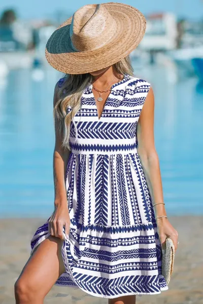 Bohemian Women Casual Print Dress Sleeveless V-Neck A-Line