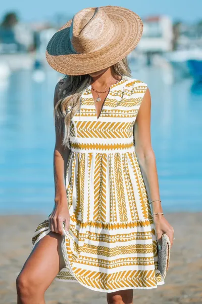 Bohemian Women Casual Print Dress Sleeveless V-Neck A-Line