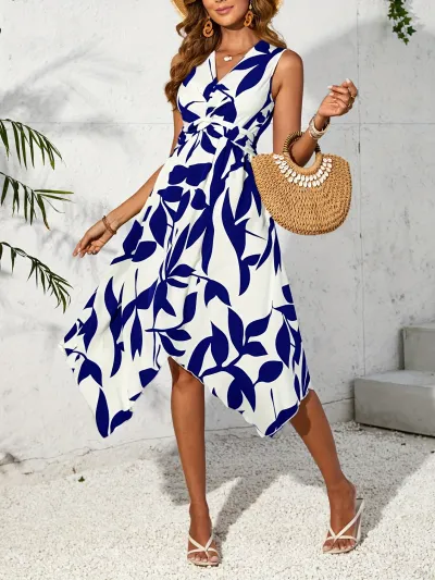 Women Casual Printed Sleeveless V-Neck Irregular Dress
