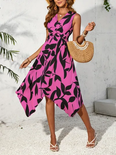 Women Casual Printed Sleeveless V-Neck Irregular Dress