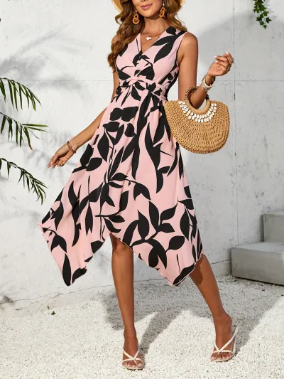 Women Casual Printed Sleeveless V-Neck Irregular Dress