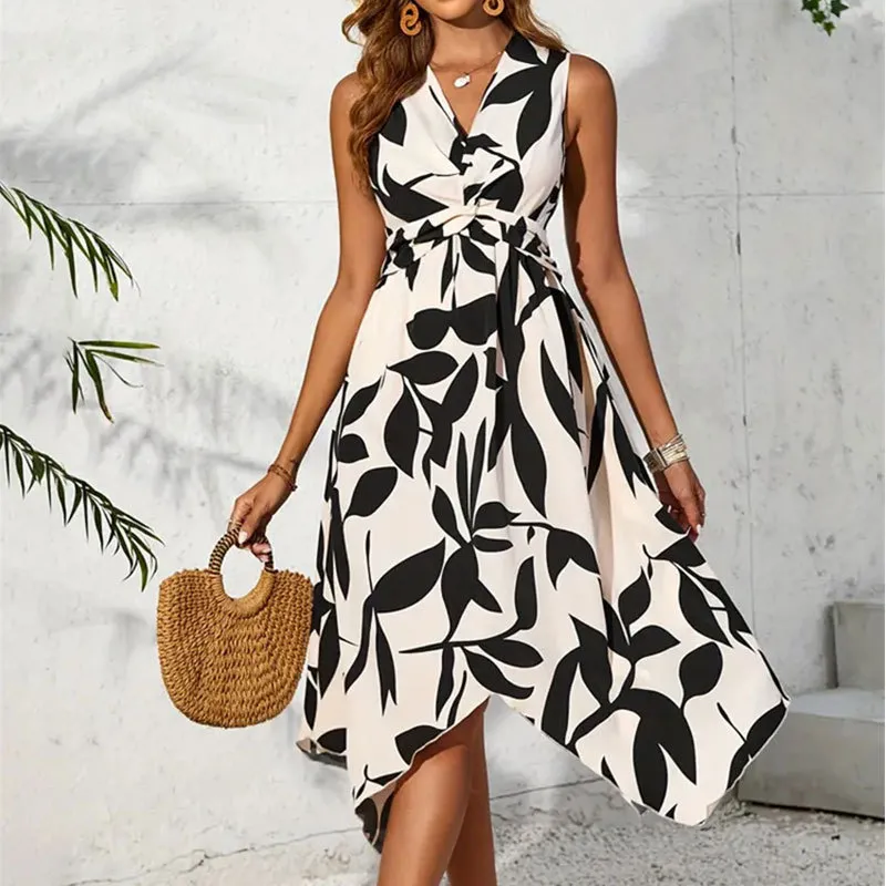 Women Casual Printed Sleeveless V-Neck Irregular Dress