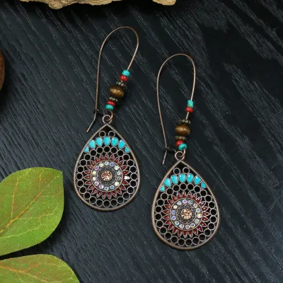 Bohemian Ethnic Retro Geometric Water Drop Tassel Earrings