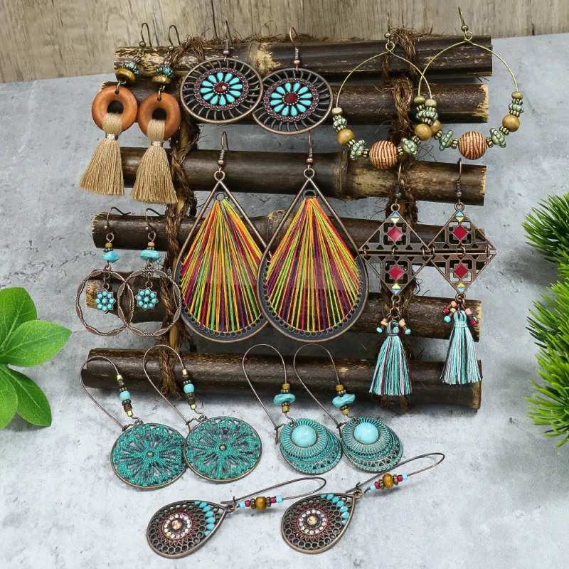 Bohemian Ethnic Retro Geometric Water Drop Tassel Earrings
