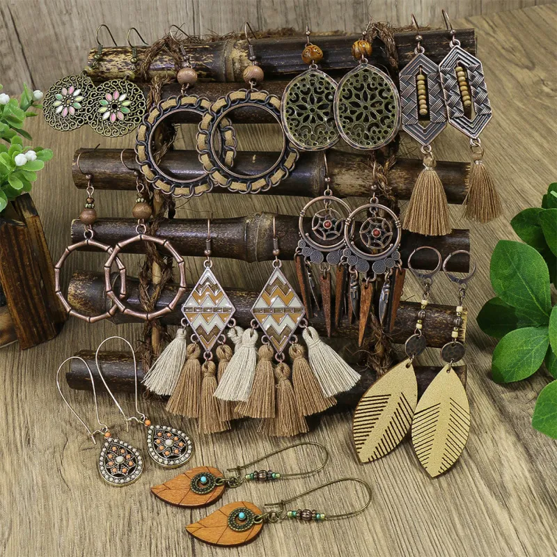 Bohemian Ethnic Retro Tassel Earrings Geometric Mixed Material