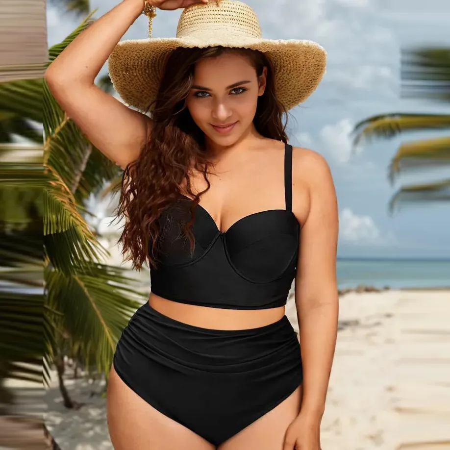 Women Plus Size Push-Up Strap High Waist Tankini Swimsuit Set