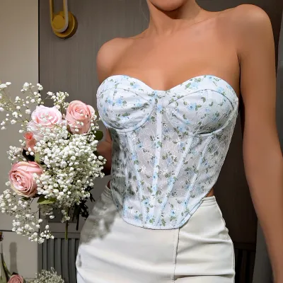 Women Sexy Mesh Fishbone Steel Ring Waist Tube Top