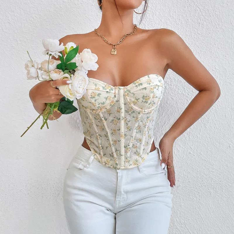 Women Sexy Mesh Fishbone Steel Ring Waist Tube Top