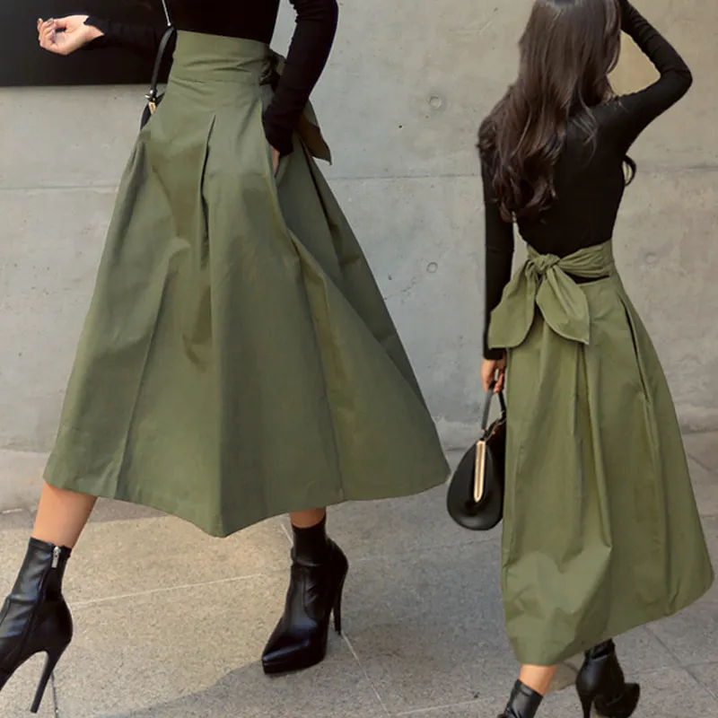 Women Fashion High Waist Bow Swing Skirt Solid Color Cotton