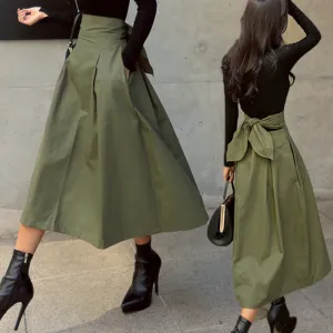 Women Fashion High Waist Bow Swing Skirt Solid Color Cotton