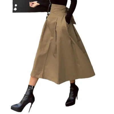 Women Fashion High Waist Bow Swing Skirt Solid Color Cotton