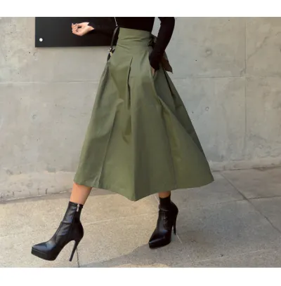Women Fashion High Waist Bow Swing Skirt Solid Color Cotton