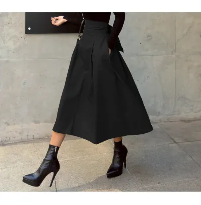Women Fashion High Waist Bow Swing Skirt Solid Color Cotton