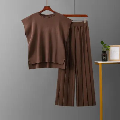 Women Casual Solid Color Sleeveless Wide Leg Pants Knitted Set