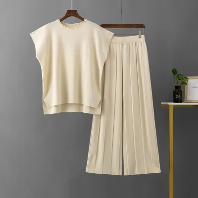 Women Casual Solid Color Sleeveless Wide Leg Pants Knitted Set