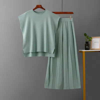 Women Casual Solid Color Sleeveless Wide Leg Pants Knitted Set