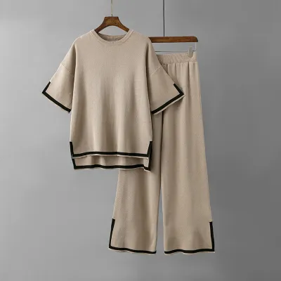 Women's Casual Contrast Knitted Wide-Leg Pants Two-Piece Set