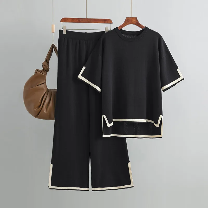 Women's Casual Contrast Knitted Wide-Leg Pants Two-Piece Set