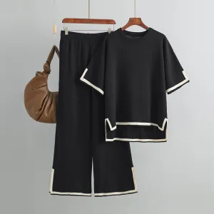 Women's Casual Contrast Knitted Wide-Leg Pants Two-Piece Set