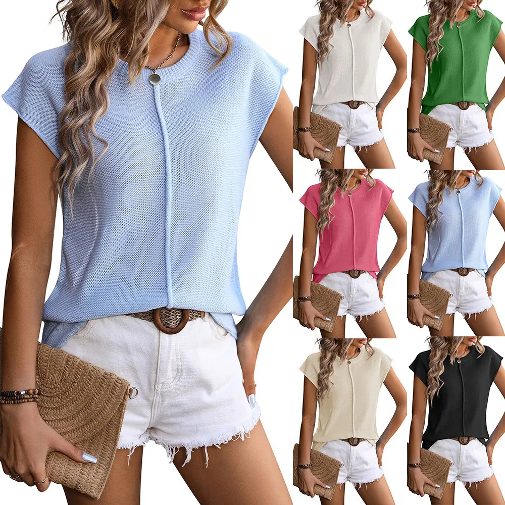 Summer Women Casual Solid Color Knitted Blouses with Raglan Sleeves