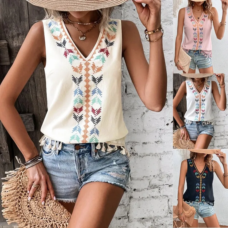 Bohemian Women Casual V-Neck Embroidered Patchwork Tassel Sleeveless Blouse