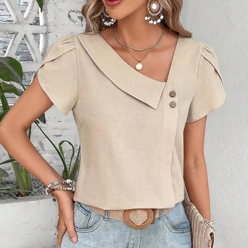 Women Fashion Slant Collar Solid Color Short Sleeve Blouses