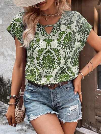 Bohemian Women Vintage Print Loose Blouses Bat Sleeve