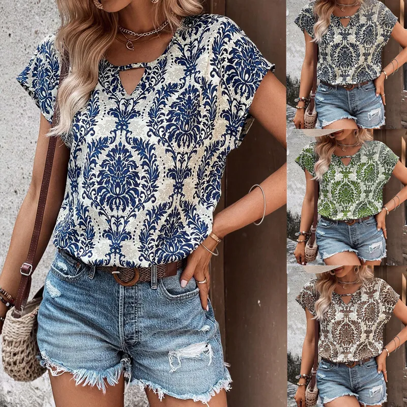 Bohemian Women Vintage Print Loose Blouses Bat Sleeve