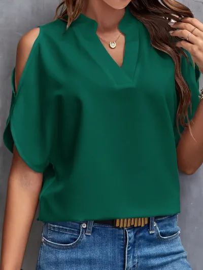 Women Casual Solid V-Neck Strapless Raglan Sleeve Blouses